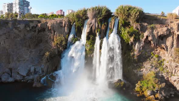 Top View of a High Waterfall Falling Into the Mediterranean Sea. Clean Ecology 