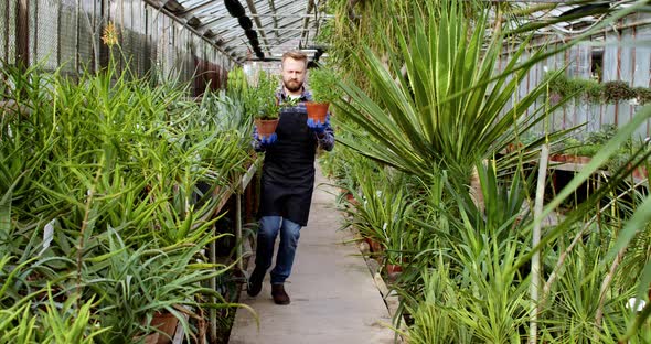 Funny Florist Man with a Two Pots Flowers Walking