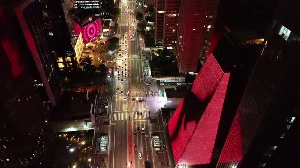 Night aerial landscape of Paulista Avenue at Sao Paulo Brazil