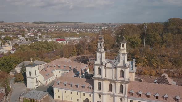 Aerial View of Catholic Cathedral Monastery in Autumn. City Buchach, Ukraine