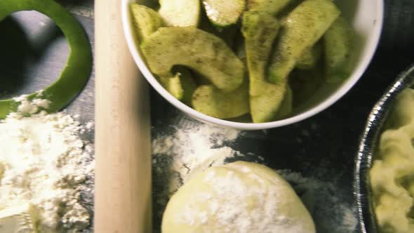 Slow motion ingredients for Apple pie top view