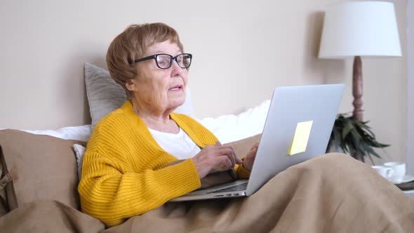 Modern Elderly Woman Using Laptop Wearing Glasses At Home In Bed