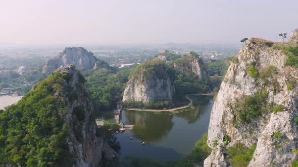 Aerial view of Khao Ngu Stone. National park with river lake, mountain valley hills