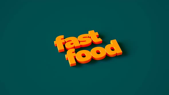 Animation of yellow inscription fast food and appearing tasty snacks and drinks.