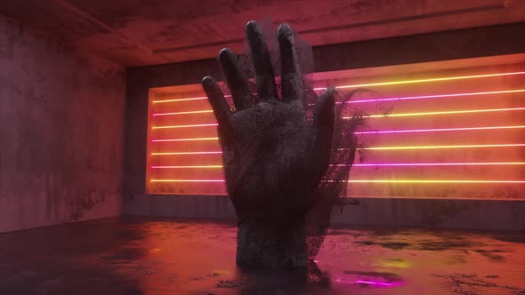 A Stone Human Hand Emitting Millions of Particle Streams in a Future Scifi Room with Modern Neon