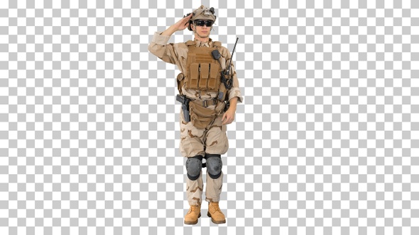 Military soldier in uniform salutes, Alpha Channel