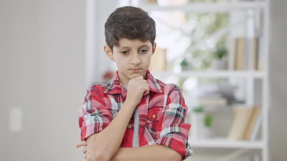 Middle Shot of Concentrated Middle Eastern Boy Thinking and Making I Got an Idea Gesture Standing