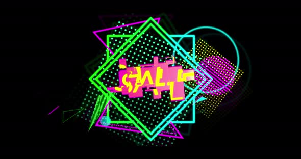 Retro Sale text in ribbon above neon shapes  alt
