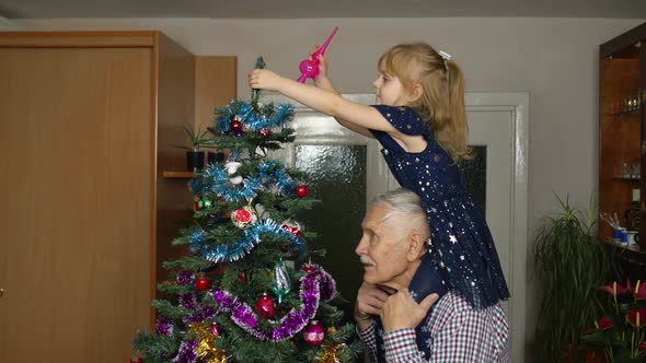 Children Girl and Elderly Grandpa Decorating Artificial Christmas Pine Tree at Oldfashion Room Home