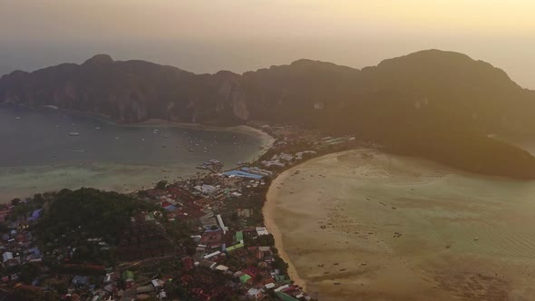 Aerial view of Phi Phi, Maya beach at sunset with Andaman sea in Phuket. Thailand