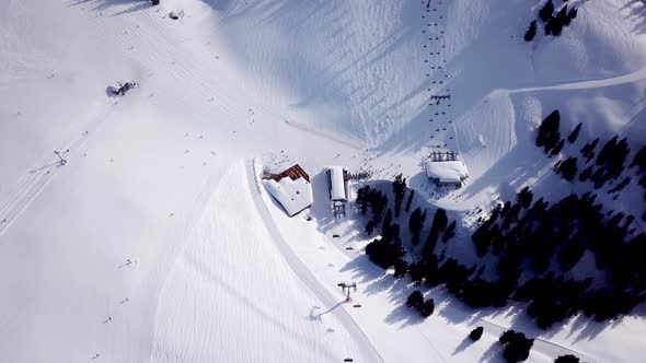 Aerial view of a ski slope in a ski resort in the Tyrolean Alps in Austria