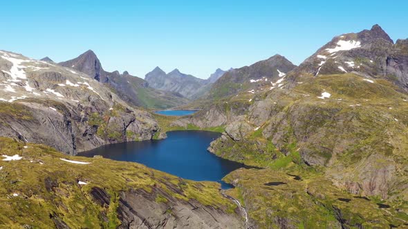 Flight over the Stuvdalsvatnet lake ,Sorvagen village,trek on the Munkebu,Lofoten Islands