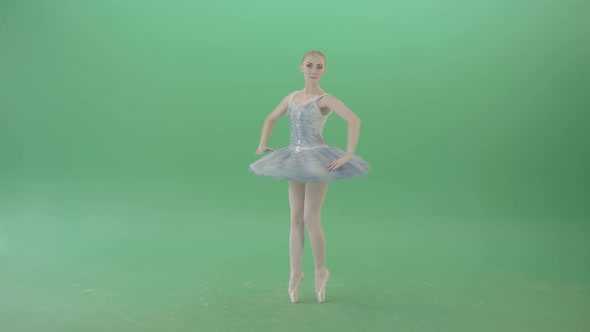 Beauty Blonde Girl With Happy Smile Spinning In Ballet Dress Over Green Screen