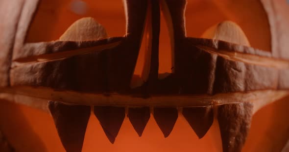 Halloween Pumpkin Face with Candles in It Stands in Dark Windy Forest at Night  60p Prores HQ 10 Bit