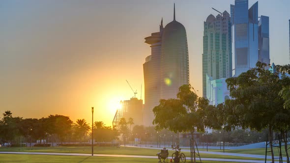 The Highrise District of Doha Timelapse at Sunset