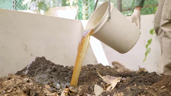 Pouring water fertilizer into pile of soil