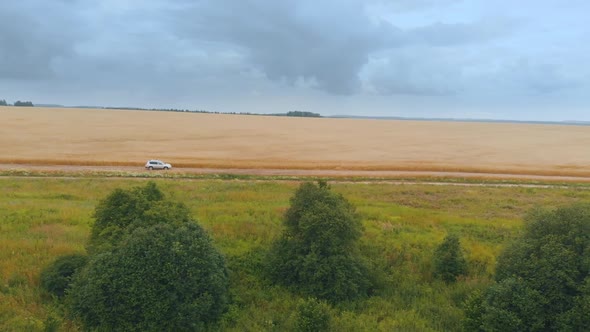 White Vehicle Drives Along Road Between Meadow and Field