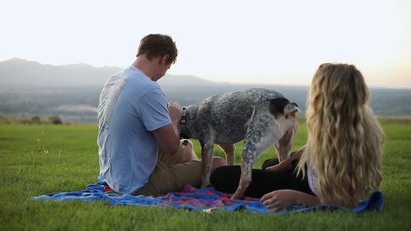 Slow motion shot of a cute boyfriend and girlfriend laying on a blanket and having a picnic on the g