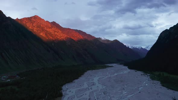 River and mountains at sunset