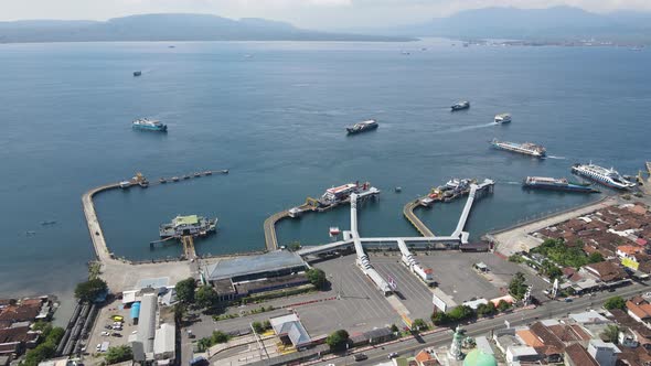 Aerial view of Port in Banyuwangi Indonesia with ferry in Bali Ocean