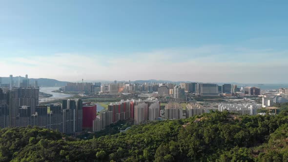 Forwardement aerial view of Macau cityscape from Coloane