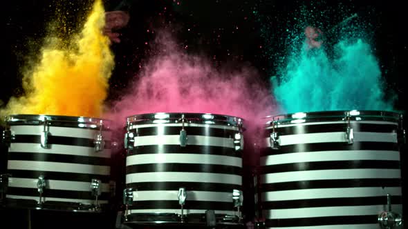 Super Slow Motion Shot of Drum Hit with Color Powder Explosion at 1000 Fps