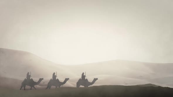 Arabian Warriors In An Arabian Desert Riding Camels