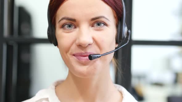 Close up, Call Center Woman Turning Face and Smiling