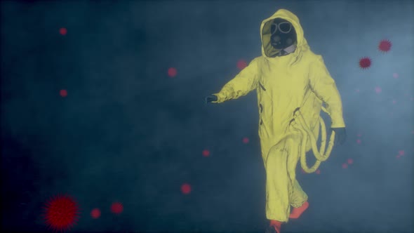 Man in a Yellow Hazmat Suit Walks Through Futuristic Viruses