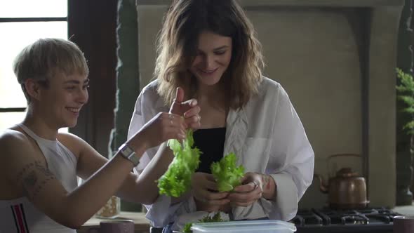 Female Friends Cooking Vegetarian Meals in Kitchen
