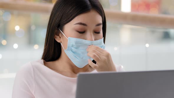 Portrait Sad Asian Business Woman Girl Student Takes Off Medical Face Mask Exhales with Relief Work