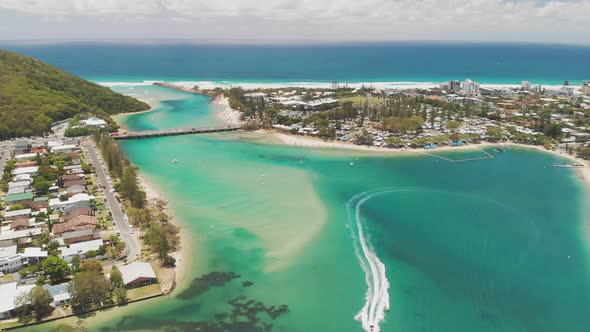 Aerial drone view of Tallebudgera Creek and beach on the Gold Coast, Queensland, Australia