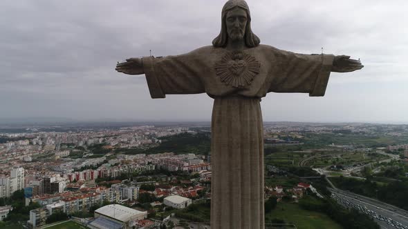 Catholic statue Christ the King at Almada Aerial View