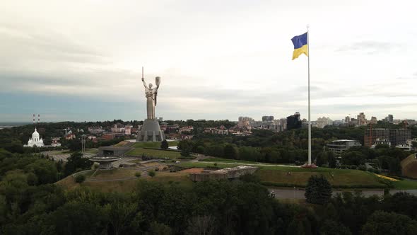 Kyiv - National Flag of Ukraine By Day. Aerial View. Kiev. Slow Motion