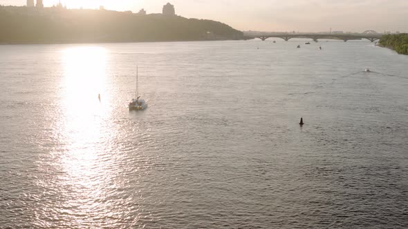 Top Aerial View Moving Fishing Boat Ocean