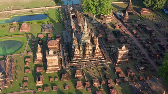 Aerial View of Wat Mahathat Buddha and Temple in Sukhothai Historical Park