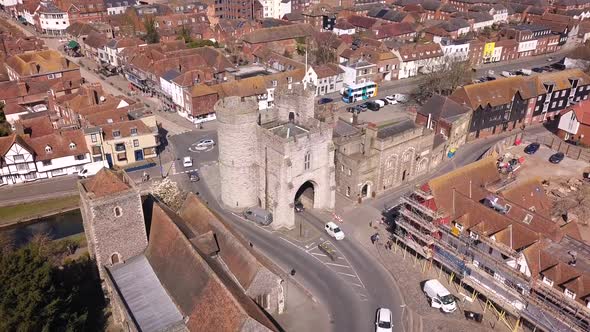 Aerial shot of the Westgate Towers in Canterbury, Kent