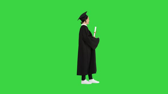 Happy Graduate Woman Holding Diploma Thumb Up Green Screen Chroma Key