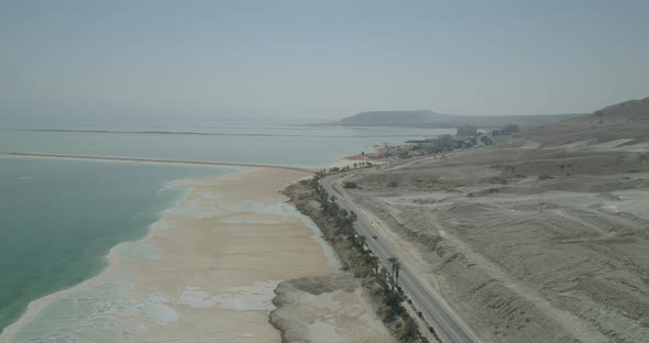 Aerial view of a road along the Dead Sea, Israel.