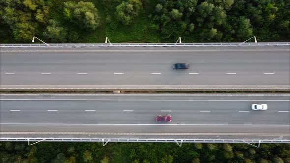 Cars Driving on the Highway Highway Bridge Bird's Eye View