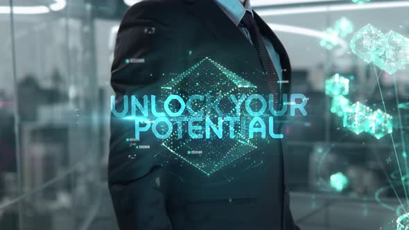 Businessman with Unlock Your Potential Hologram Concept
