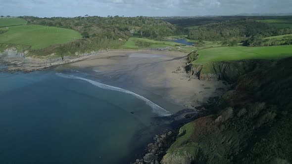 Caerhays beach in Cornwall England UK, aerial view