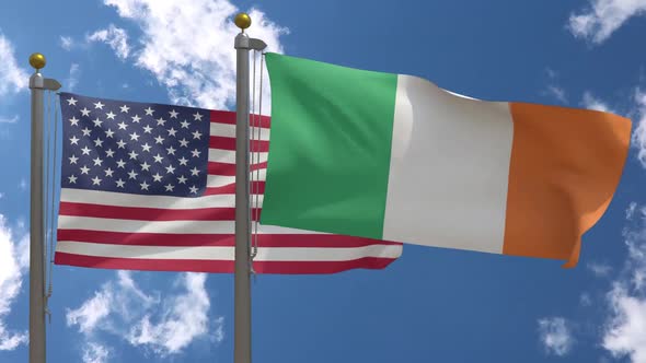 Usa Flag Vs Ireland Flag On Flagpole