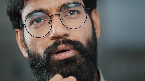 Portrait Hispanic Arab Bearded Brunet Man Thoughtful Pensive Businessman Employee Guy Stand Indoors