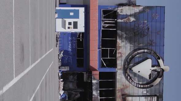 Vertical Video of Bucha Ukraine  a Destroyed Shopping Center During the War