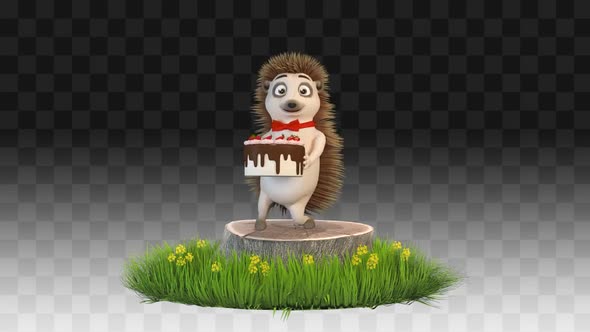 Hedgehog Congratulates And Dances With A Cake On A Stump