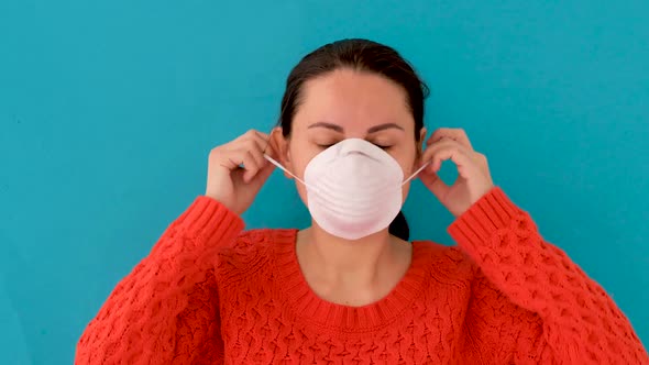 Woman Putting Surgical Mask Corona Virus Prevention
