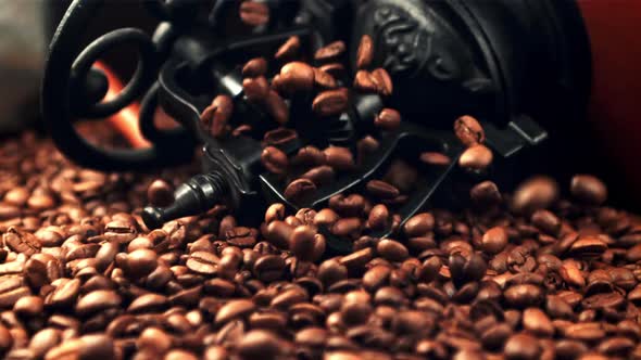 Super Slow Motion of Coffee Beans Fall on the Table