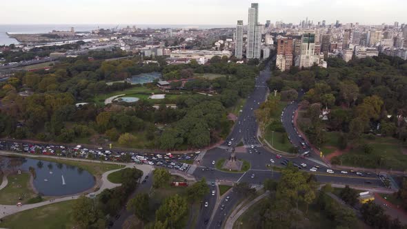 Palermo City Park Traffic At Peak Hour Commute In Buenos Aires, Aerial