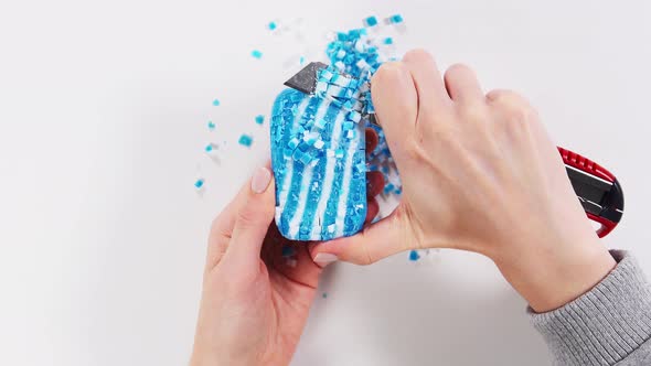 Soap cutting. Visual ASMR antistress meditation. Woman cuts a bar of soap.